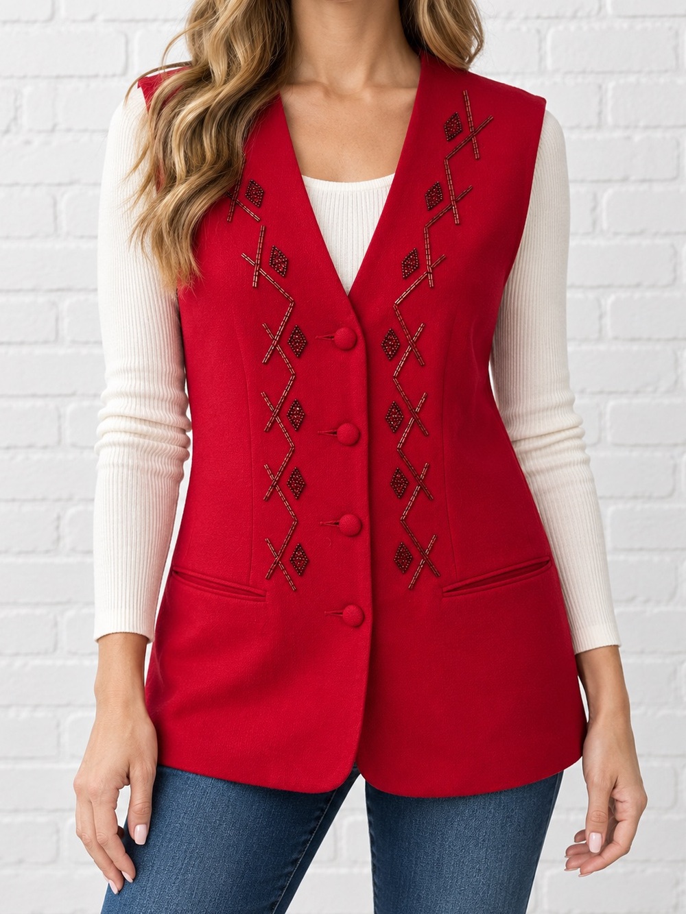 Vintage 90s Liz Claiborne Red Wool Beaded Holiday Vest Small